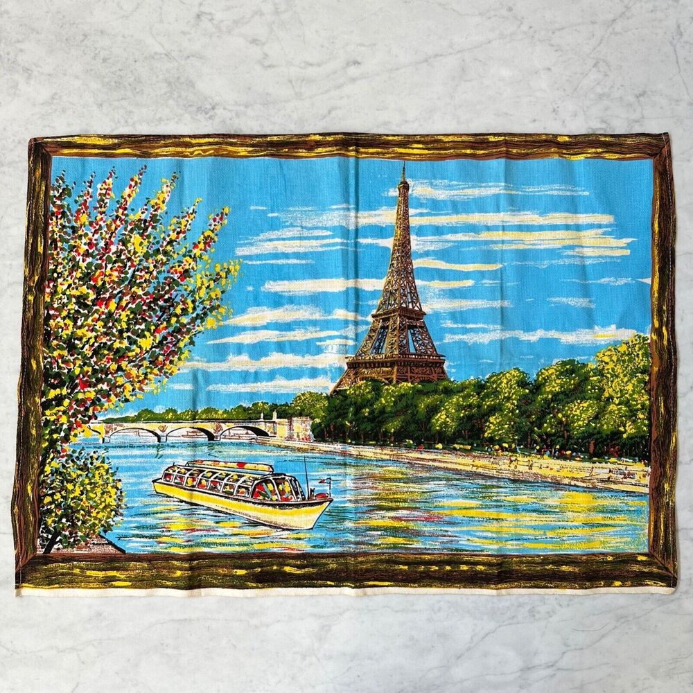 Vintage Paris France Eiffel Tower & River Seine Boat Souvenir Towel Wall Panel